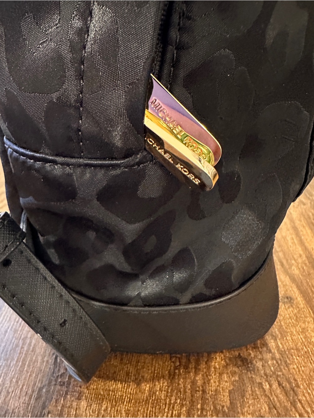NWOT Michael Kors Black Leopard-Print Nylon Backpack with Gold Hardware - Picture 5 of 8